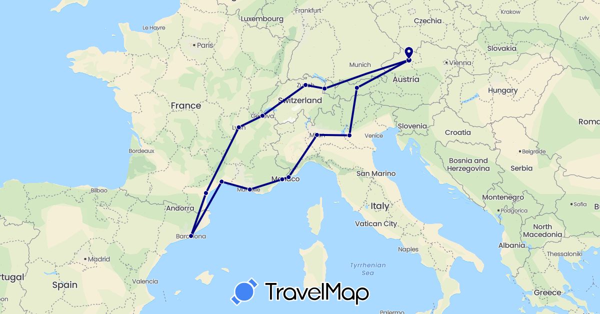 TravelMap itinerary: driving in Austria, Switzerland, Spain, France, Italy (Europe)